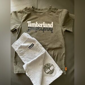 Timberland Olive Green Logo Tee with Light Gray shorts
